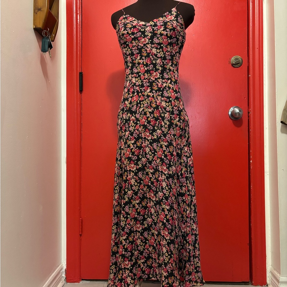 Express 100% silk Y2K Black and Pink Floral Maxi Dress